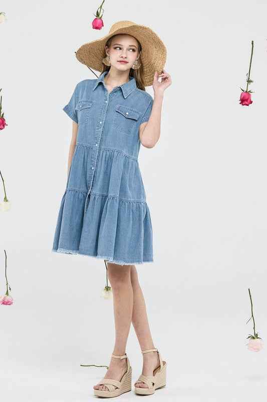 Button Down Tiered Babydoll Denim Shirt Dress