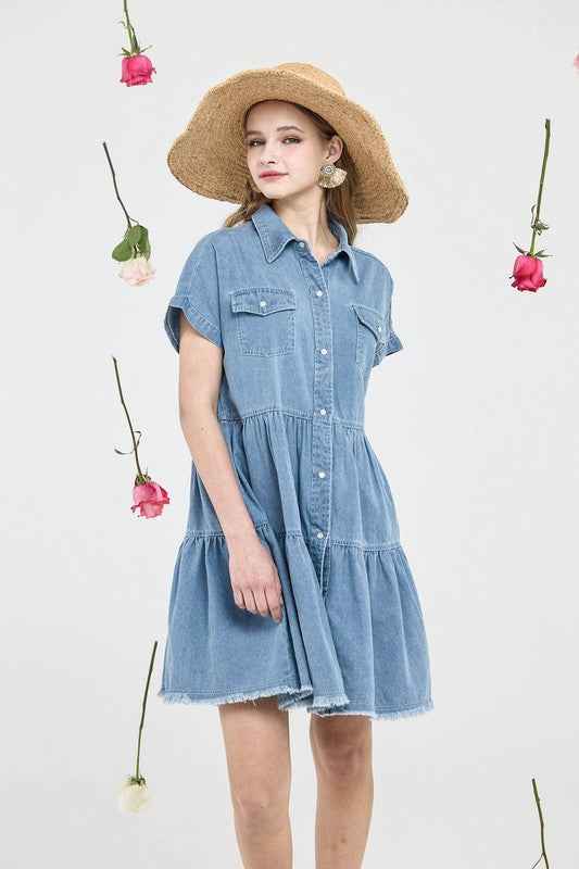 Button Down Tiered Babydoll Denim Shirt Dress