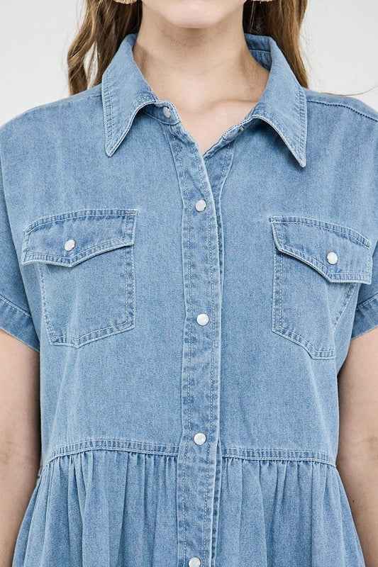 Button Down Tiered Babydoll Denim Shirt Dress