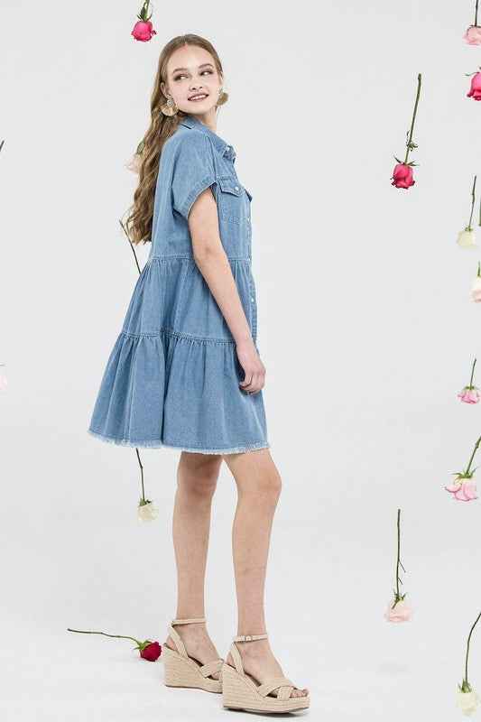 Button Down Tiered Babydoll Denim Shirt Dress
