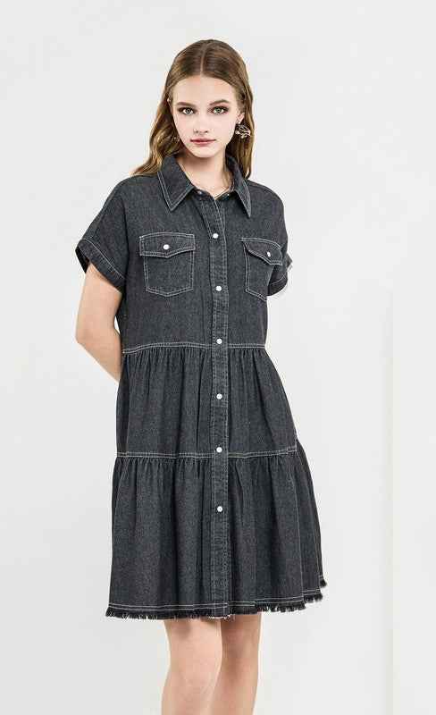 Button Down Tiered Babydoll Denim Shirt Dress
