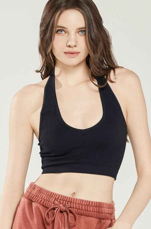 Seamless  Halter V-neck Ribbed Knit Bralette