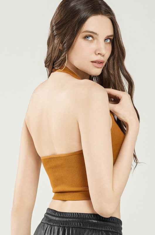 Seamless  Halter V-neck Ribbed Knit Bralette