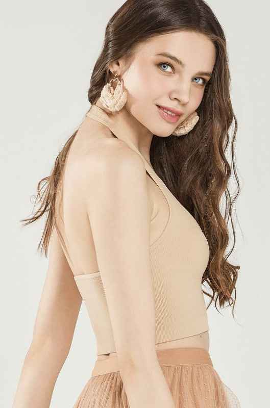 Seamless  Halter V-neck Ribbed Knit Bralette