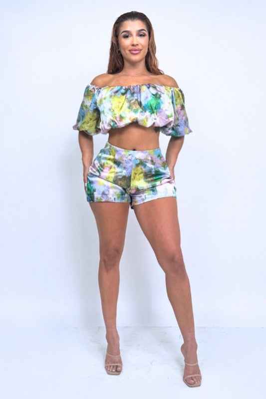 Abstract Print Off-Shoulder Crop Top & Shorts Set