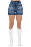 Star Studded High Waisted Denim Shorts Dark Wash - Pikemla