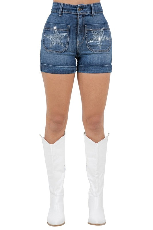 Star Studded High Waisted Denim Shorts Dark Wash - Pikemla