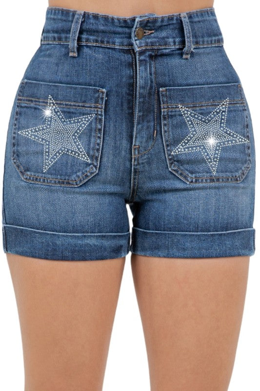 Star Studded High Waisted Denim Shorts Dark Wash - Pikemla