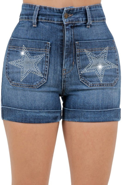 Star Studded High Waisted Denim Shorts Dark Wash - Pikemla