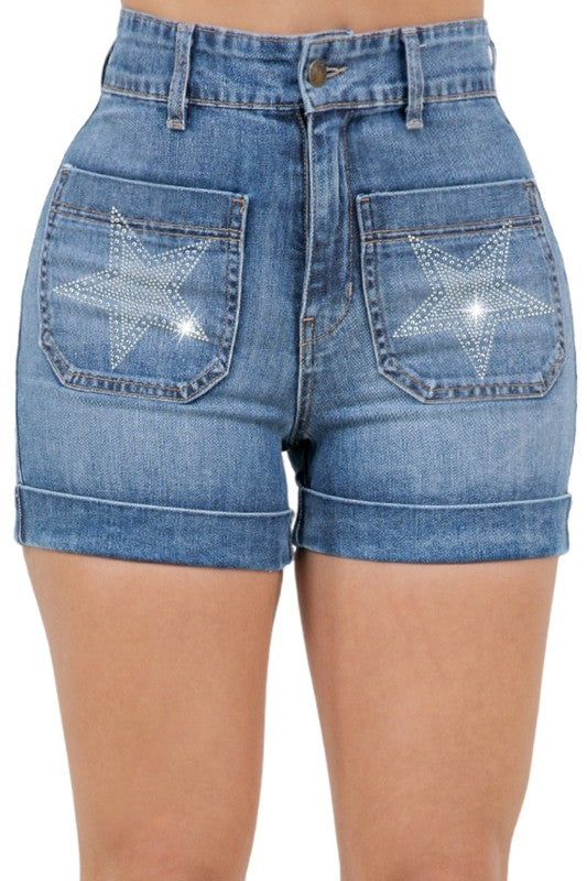 Star Studded High Waisted Denim Shorts Medium Wash - Pikemla