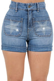 Star Studded High Waisted Denim Shorts Medium Wash - Pikemla