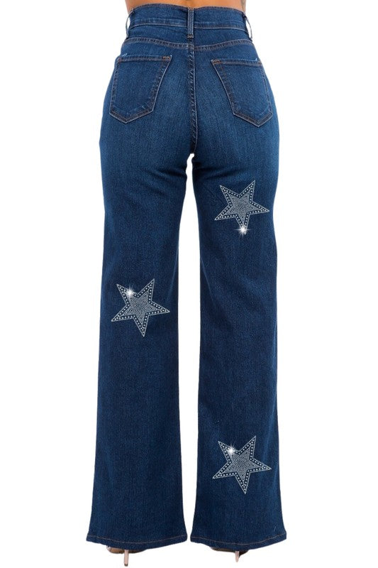 Made in USA Rhinestone Star Wide Leg Jeans - Pikemla