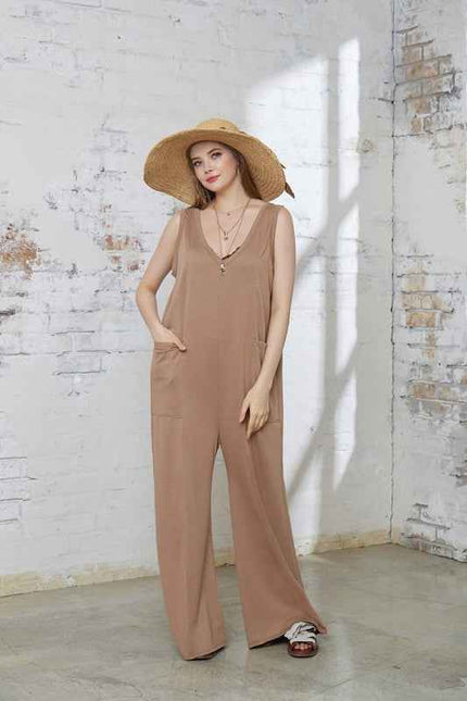 Oversized Patched Pocket V-Neck Jumpsuit