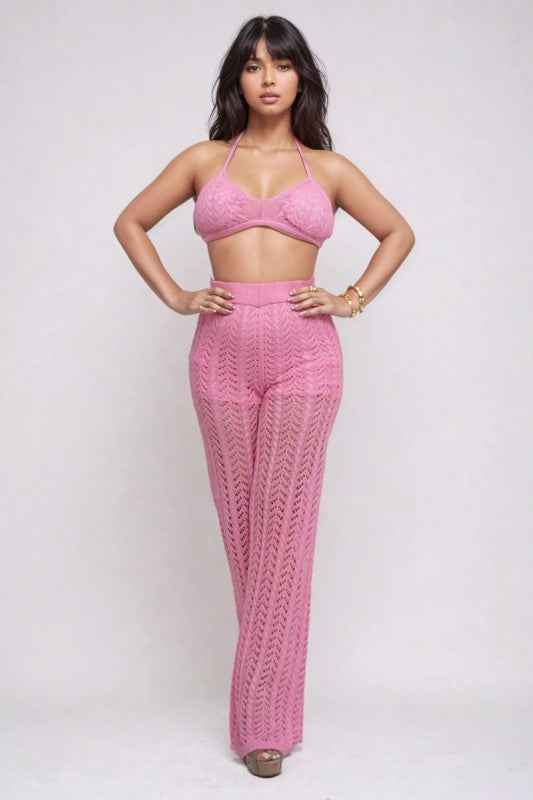 Pink Crochet Halter & Pant Set