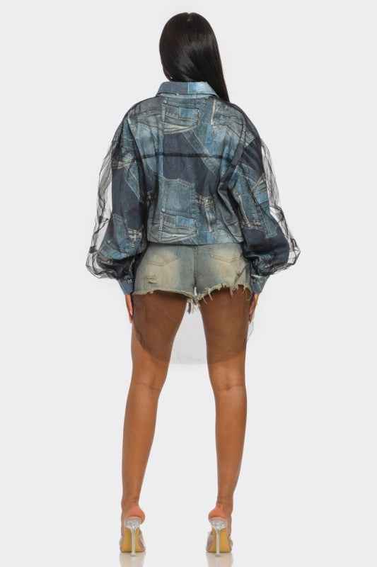 Denim Mesh Illusion Oversized Shirt
