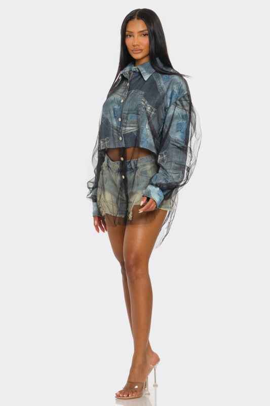 Denim Mesh Illusion Oversized Shirt