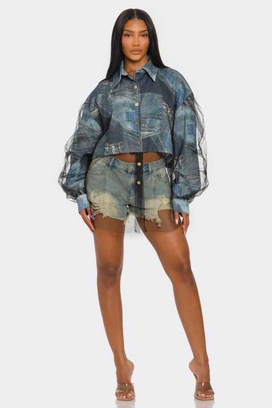 Denim Mesh Illusion Oversized Shirt