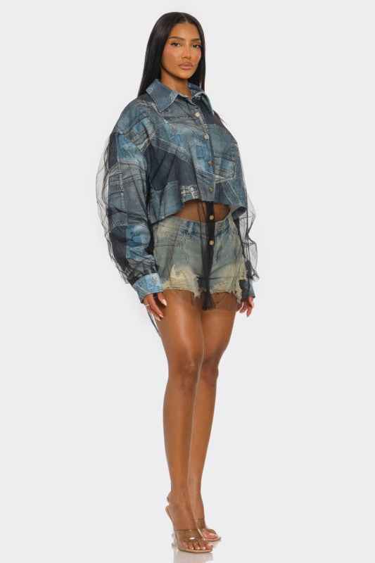 Denim Mesh Illusion Oversized Shirt