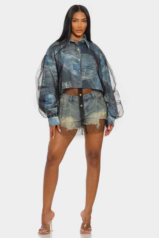 Denim Mesh Illusion Oversized Shirt