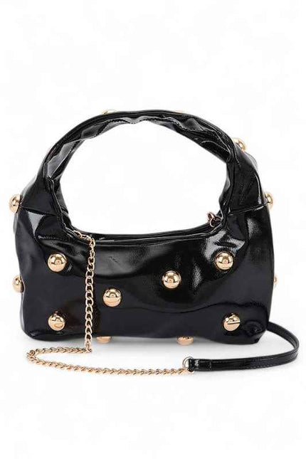 Metal Studded Top Hangle Patent Faux Leather Bag