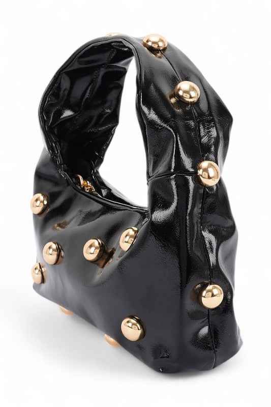 Metal Studded Top Hangle Patent Faux Leather Bag