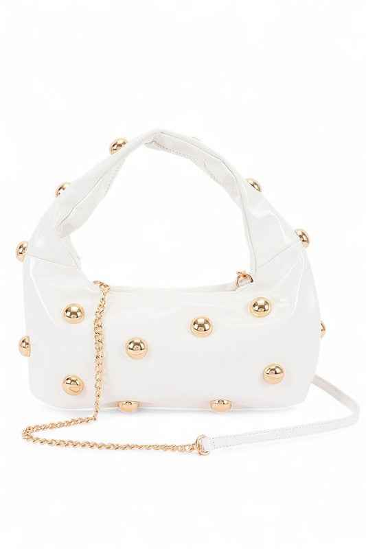 Metal Studded Top Hangle Patent Faux Leather Bag