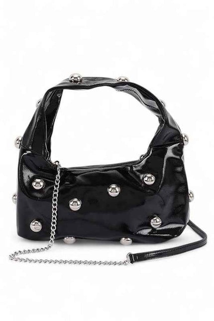 Metal Studded Top Hangle Patent Faux Leather Bag