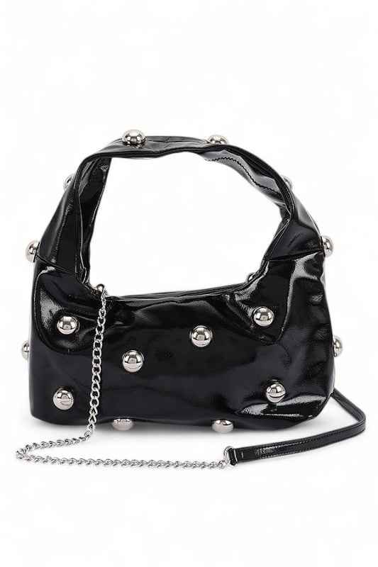 Metal Studded Top Hangle Patent Faux Leather Bag
