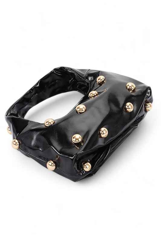 Metal Studded Top Hangle Patent Faux Leather Bag