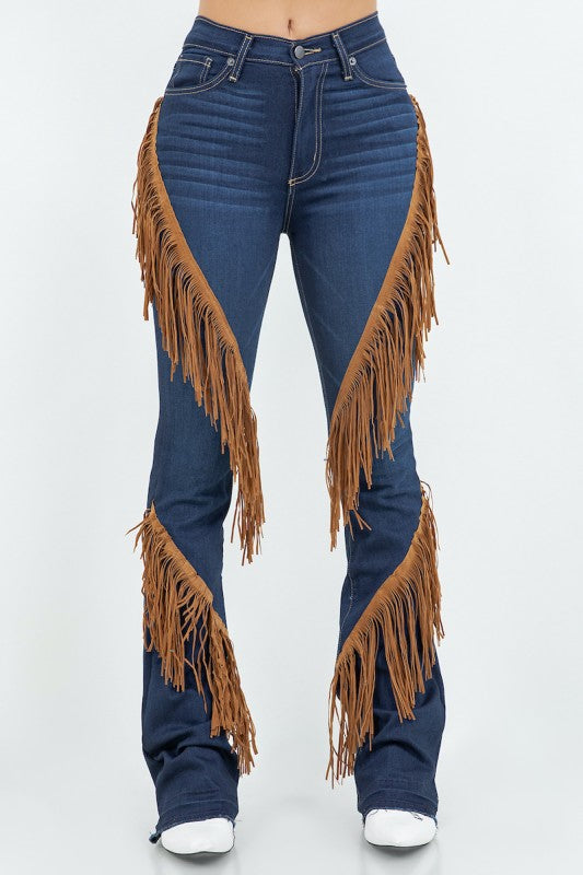 Western Fringe Bootcut Denim Jeans - Pikemla