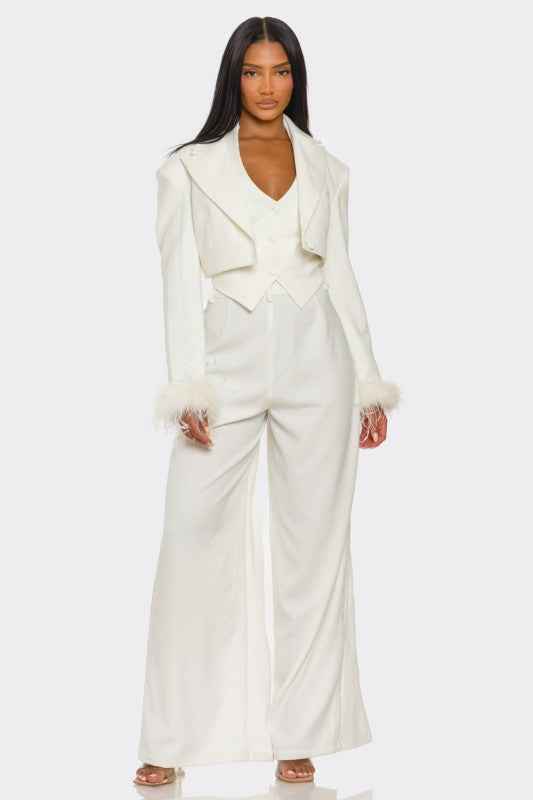 Power & Plume Feather-Trim 3-Piece Suit