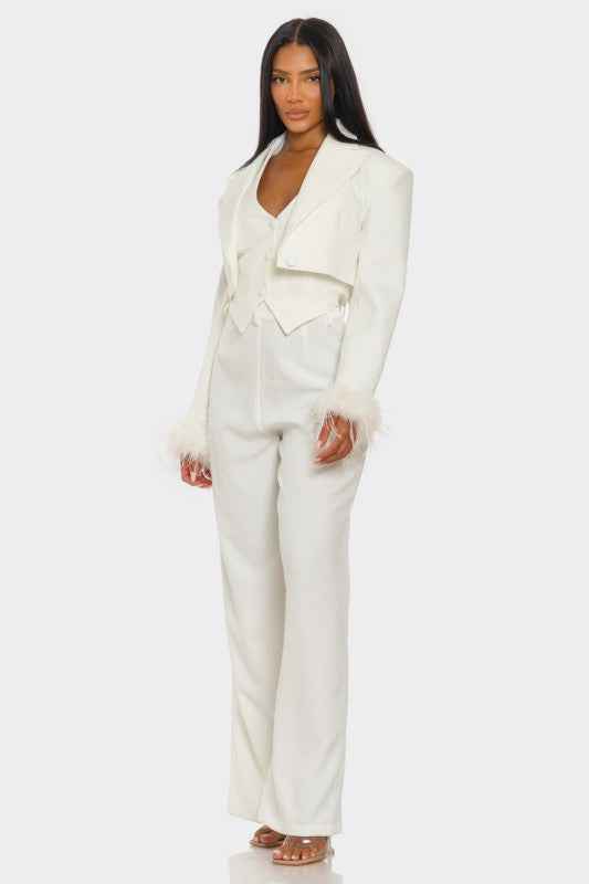 Power & Plume Feather-Trim 3-Piece Suit