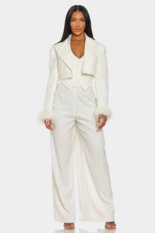 Power & Plume Feather-Trim 3-Piece Suit