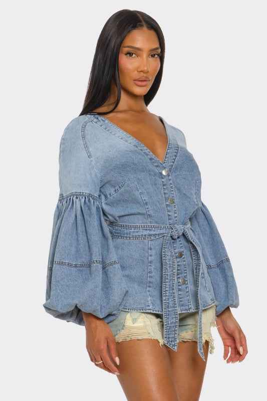 Denim Muse Puff Sleeve Button-Up Top