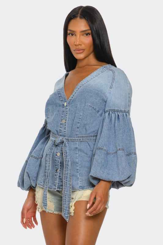 Denim Muse Puff Sleeve Button-Up Top