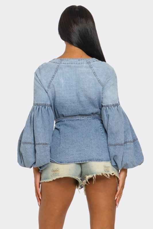 Denim Muse Puff Sleeve Button-Up Top