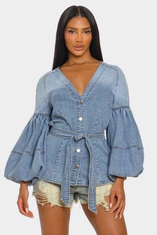 Denim Muse Puff Sleeve Button-Up Top