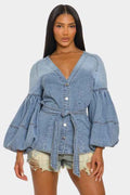Denim Muse Puff Sleeve Button-Up Top