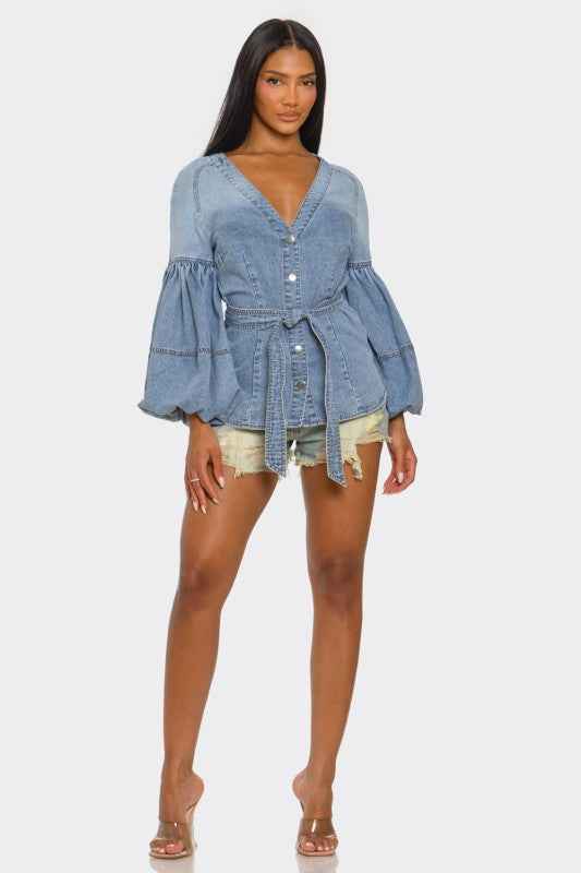 Denim Muse Puff Sleeve Button-Up Top