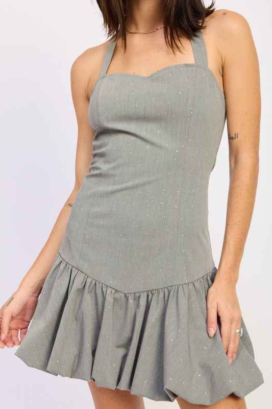 RHINESTONES SWEETHEART NECK BUBBLE SKIRT DRESS