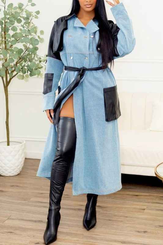 Two-Tone Denim & Faux Leather Trench Coat