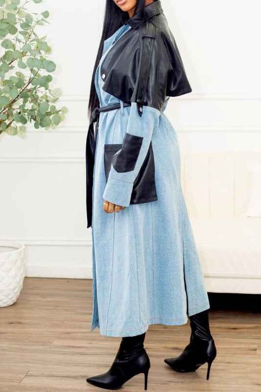 Two-Tone Denim & Faux Leather Trench Coat