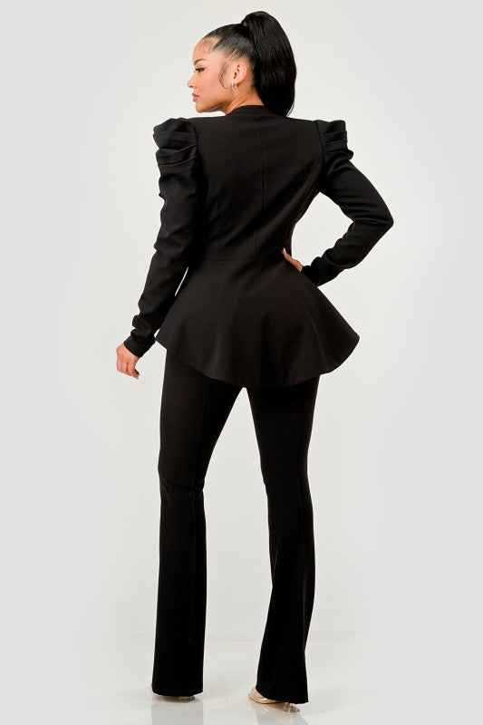 Ruched Shoulder Wide Collar Pant Set