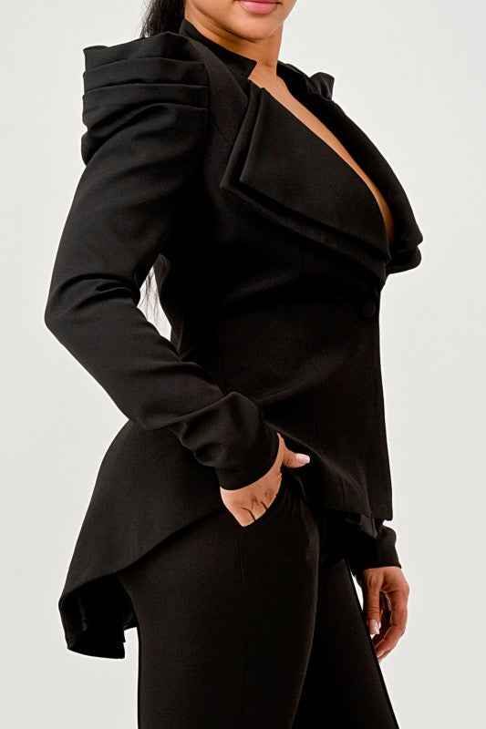 Ruched Shoulder Wide Collar Pant Set