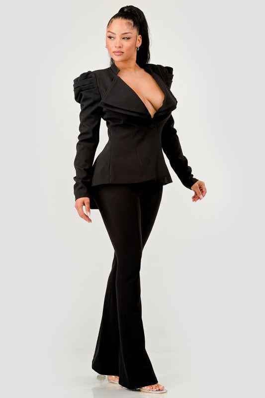 Ruched Shoulder Wide Collar Pant Set