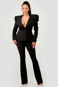 Ruched Shoulder Wide Collar Pant Set