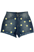 Blue High-Waisted Daisy Embroidered Denim Shorts