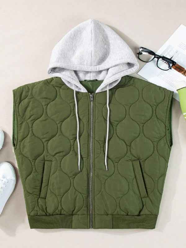 Oversized Drawstring Hooded Zip Up Puffer Vest - Pikemla