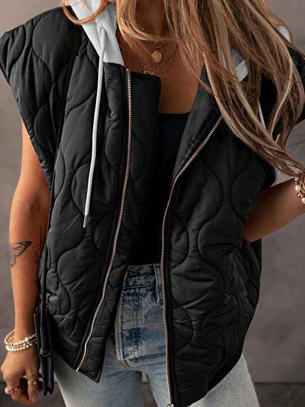Oversized Drawstring Hooded Zip Up Puffer Vest - Pikemla