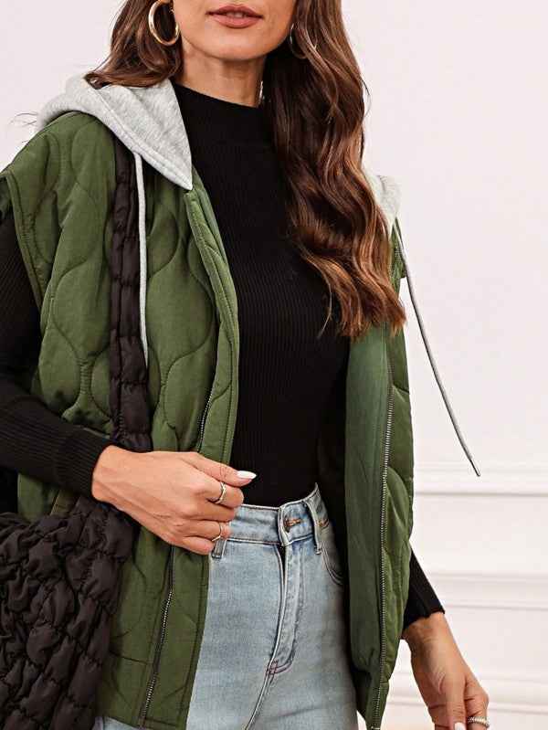 Oversized Drawstring Hooded Zip Up Puffer Vest - Pikemla